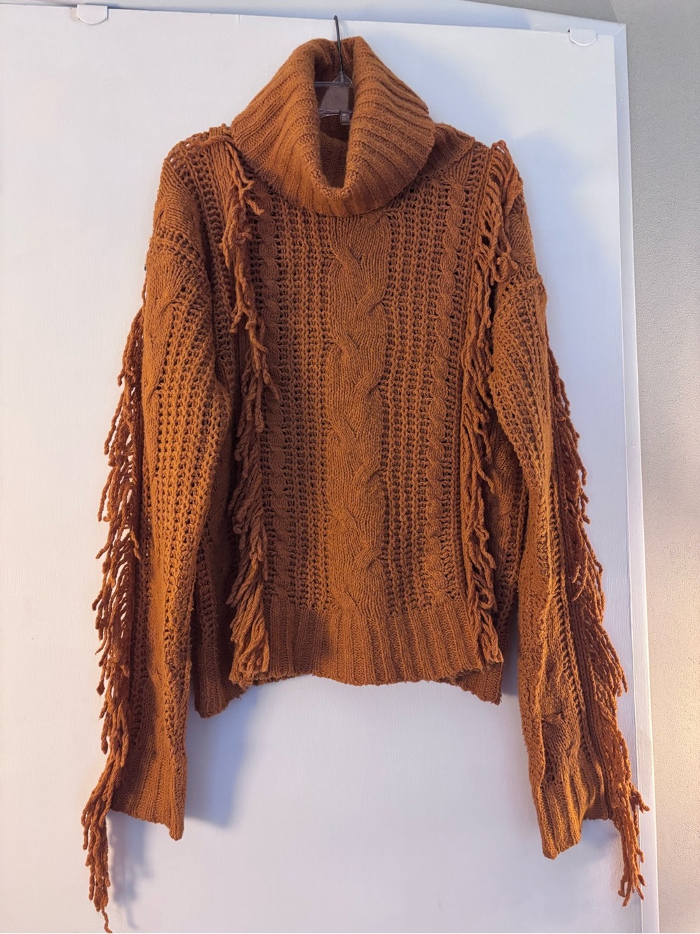 HYFVE Mustard Fringe Cable Knit Turtleneck Sweater